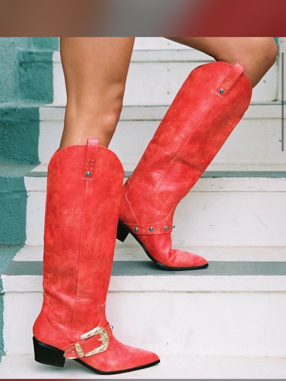 Princess Polly Red Western Knee-High Heeled Boots with Gold Buckle